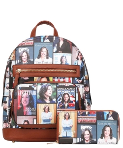 2 in 1 Kamala Harris Backpack Wallet Set HA-8730W BROWN